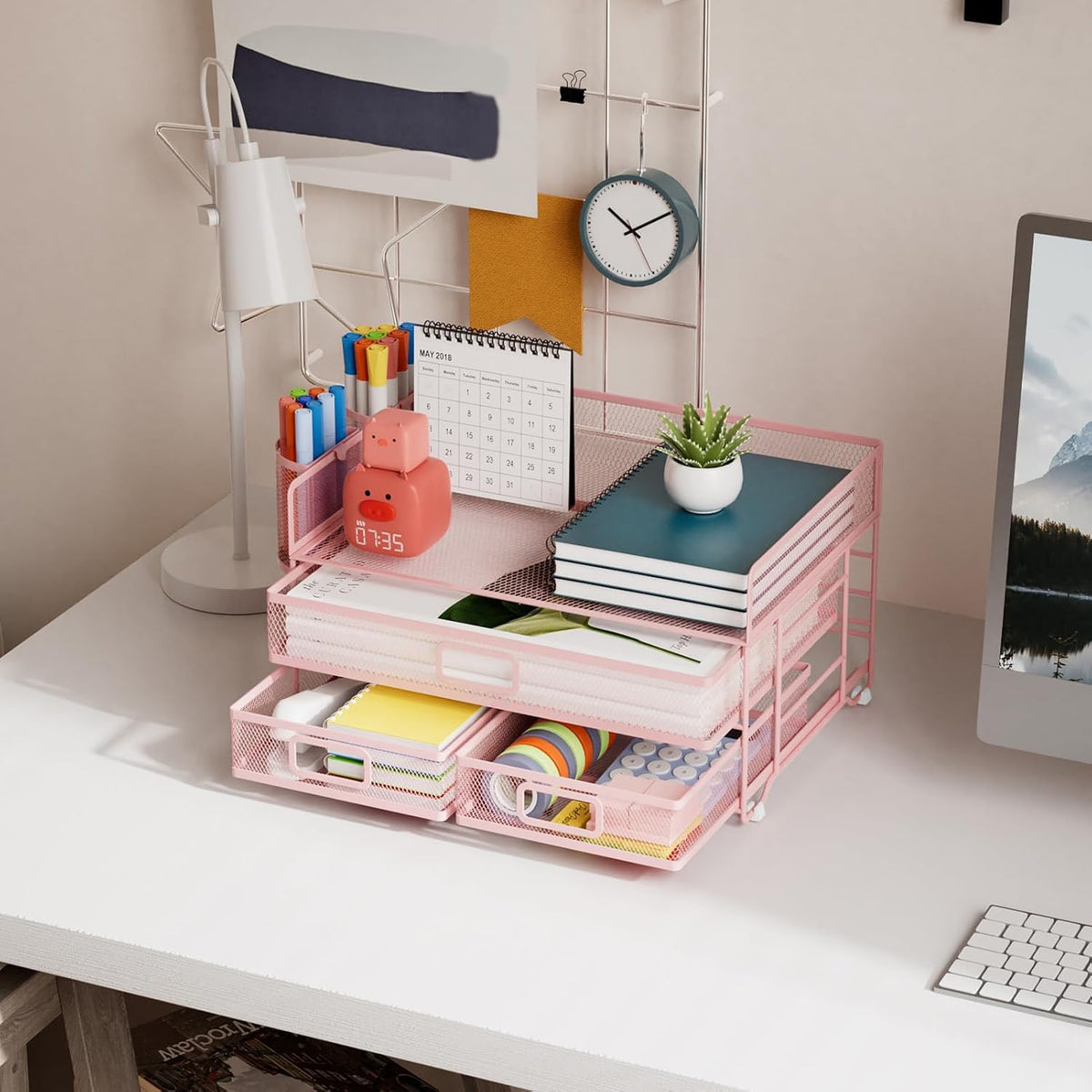 Marbrasse 3 Tier Mesh Desk Organizer with Drawer, Multi-Functional Desk Organizers and Accessories, Paper Letter Organizer with 2 Pen Holder for Home Office Supplies (Black)