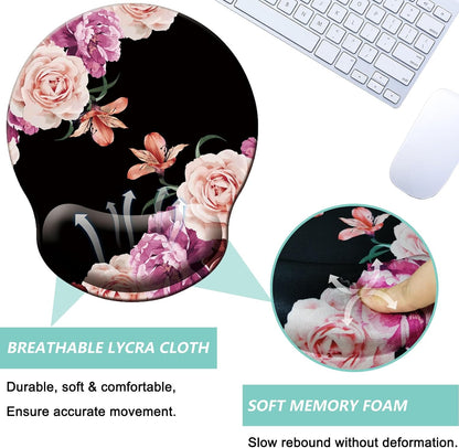 Mouse Pad with Wrist Support, Ergonomic Mouse Pad with Memory Foam Wrist Rest Cushion, Non-Slip Rubber Base Gaming Mice Pad for Home Office Computer Laptop, Flower Black