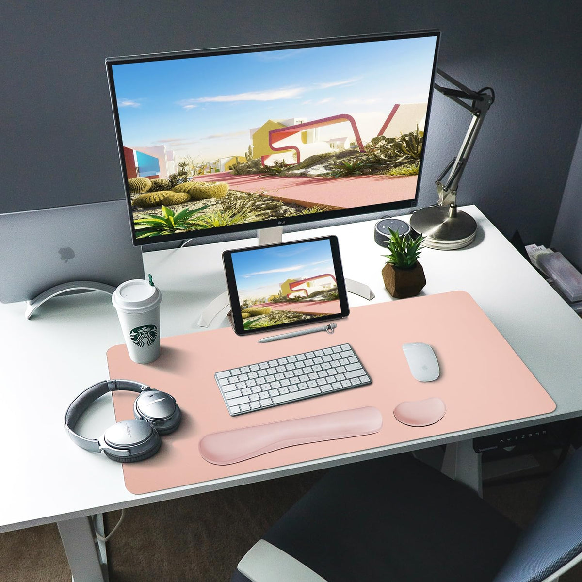 Bloss Leather Desk Pad and Keyboard Wrist Rest, Large Mouse Pad + Keyboard Pad+Mouse Wrist Support, Non-Slip Desk Mat Protector for Office, Home(31.5×15.7 Inches,Beige) - Colors B