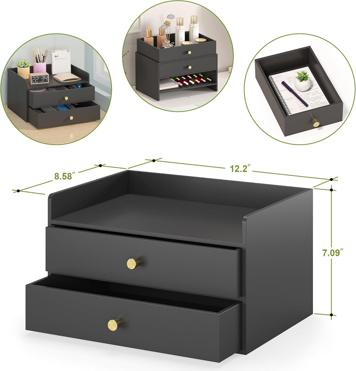 Bamboo Desk Organizer with Drawers Wooden Desktop Storage Drawers (1, Black 3 Drawer)