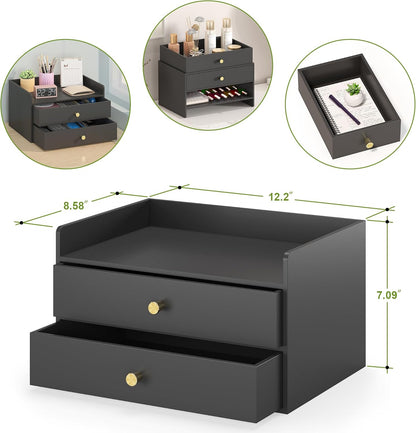 Bamboo Desk Organizer with Drawers Wooden Desktop Storage Drawers (1, Black 3 Drawer)