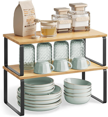 SONGMICS Cabinet Organizer Shelf, Set of 4 Kitchen Counter Shelves, Kitchen Storage, Spice Rack, Stackable, Expandable, Metal and Engineered Wood, Cloud White and Natural Beige UKCS010N01