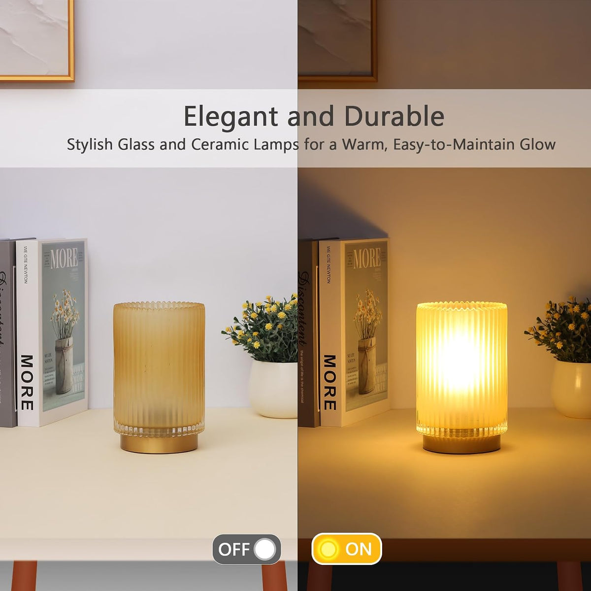 Battery Operated Lamp, Cordless Table Lamp with Timer, Desk Bedside Lamps with LED Warm Light, Glass Small Table Lamp for Bedroom, Bathroom, Living Room, Home Decor - Amber