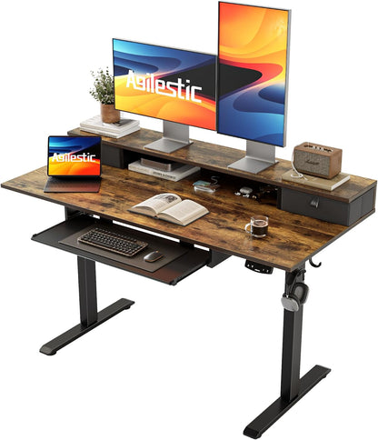 48 * 24 Inch Electric Standing Desk with Shelf & Led, Dark Walnut