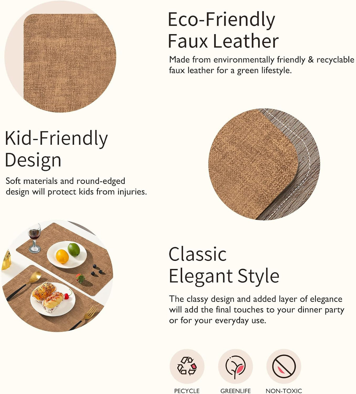 Maxpearl Faux Leather Placemats Set of 6 - Waterproof - Wipe Clean - Heat Resistant - Anti Slip Dining Table Place Mats, Suitable for Indoor & Outdoor Use, 17’’×12’’, Beige