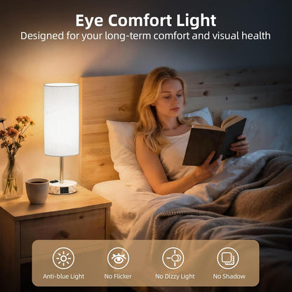 Table Lamp for Nightstand, High-Sensitivity Touch, 3-Level Dimmable Bedside Lamp with AC Outlet | USB | and USB-C, Ideal Night Stand Lamp for Bedroom, Reading, Living Room(Warm&Wooden)