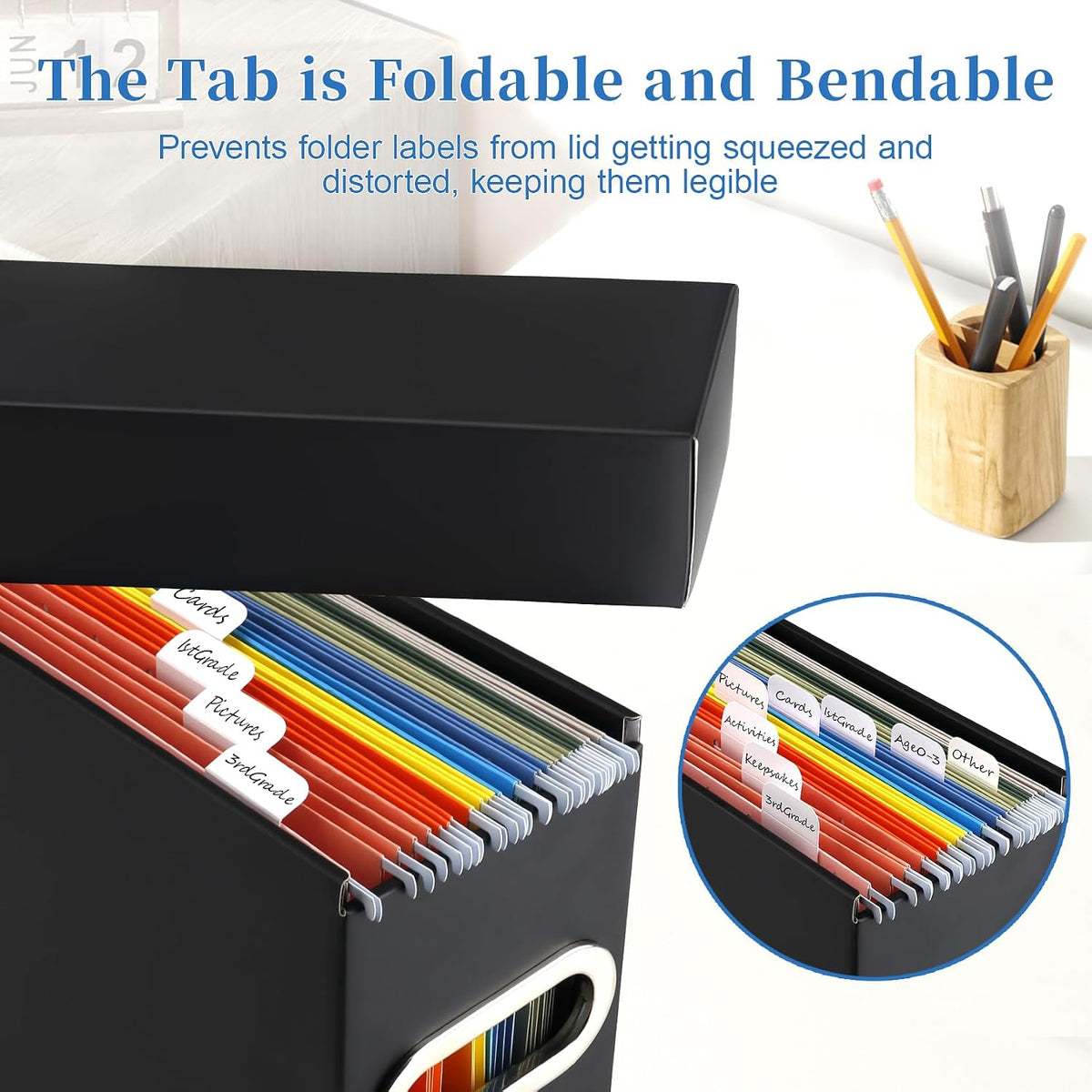 File Organizer Box with Lid & Handle, Thickened Cardboard Hanging File Folder Storage Boxes for Letter Size, Portable Filing Organizer for Office, Home, Classroom, Black