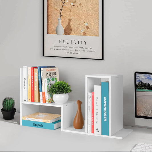 Desktop Shelf Organizer,Adjustable Stackable Office Storage Rack,Wood Display Shelf,White Small Bookshelf for Desktop,Tabletop Desk Shelf,Multipurpose Shelves for Office, Dormitory,Home Decor.