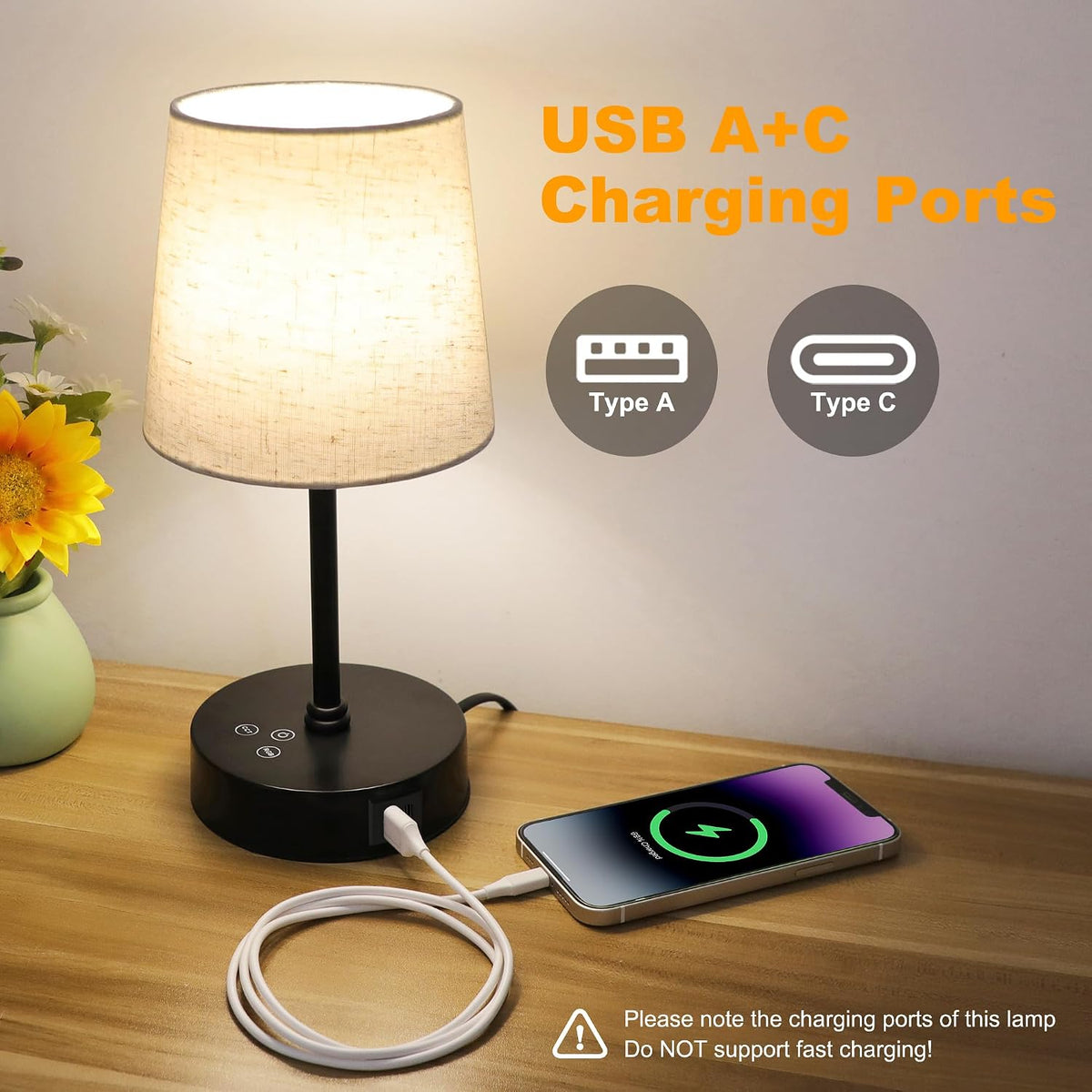 Ascher Small Bedside Table lamp, RGB Color Changing Lamps, 3 Color Temperatures, Dimmable Nightstand Lamp with USB C+A Ports, Touch Desk Lamp for Bedroom Living Room, H11.4in(Flaxen Shade)
