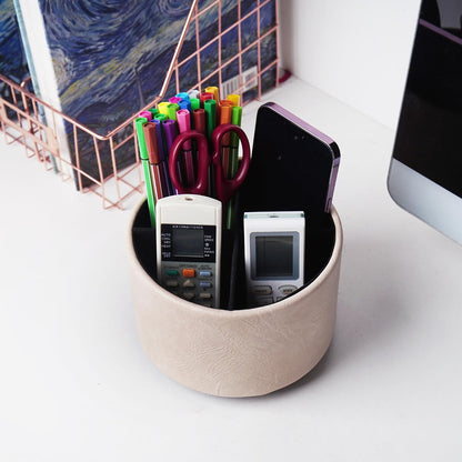 Round Leather Art Supply Organizer,Remote Control Holder,360 Degree Rotating,Multi-Functional Pencil Holder,4 Compartments Desktop Stationary Organizer(1-Blue Bird) - Colors C