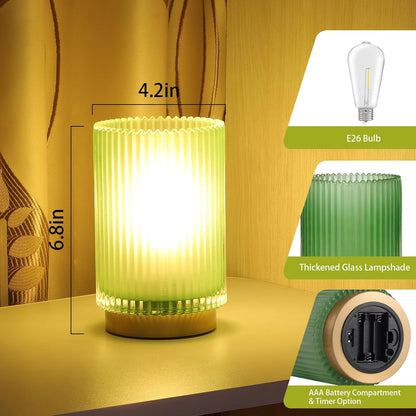 Battery Operated Lamp, Cordless Table Lamp with Timer, Desk Bedside Lamps with LED Warm Light, Glass Small Table Lamp for Bedroom, Bathroom, Living Room, Home Decor - Amber