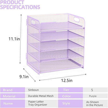 Letter Tray Paper Organizer 5-Tier Desk Organizer File Organizer Paper Holder with Handle, Metal Desktop Document Shelf Tray Office Classroom Organization - Black