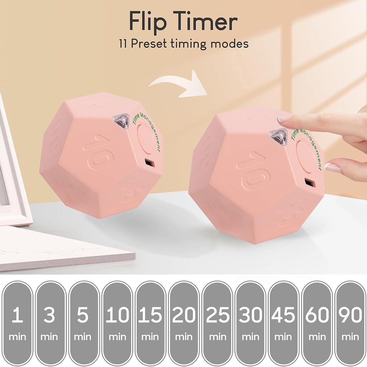 Mini 12 Sided Cube Timer, 11 Preset Times Pomodoro Timer for Enhanced Productivity. Ideal for ADHD Management, Workout, Study & Kitchen Cooking. Easy to Use（White）