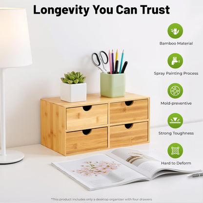 Desk Organizer, Office Vanity Bamboo Desk Organizer, Mini Bamboo Desk Drawer Tabletop Storage Box with 2 Drawer Night Stand Table Organizer for Makeup Vanity Office Supplies (2 Drawer)