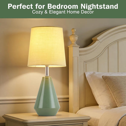 Small Bedside Table Lamp for Bedroom - Reading Desk Lamp with 3 Color Temperatures，15.5" Nightstand Ceramic Lamp with Fabric Shade for Kids Room,Living Room,Dorm,Home Office (Green)