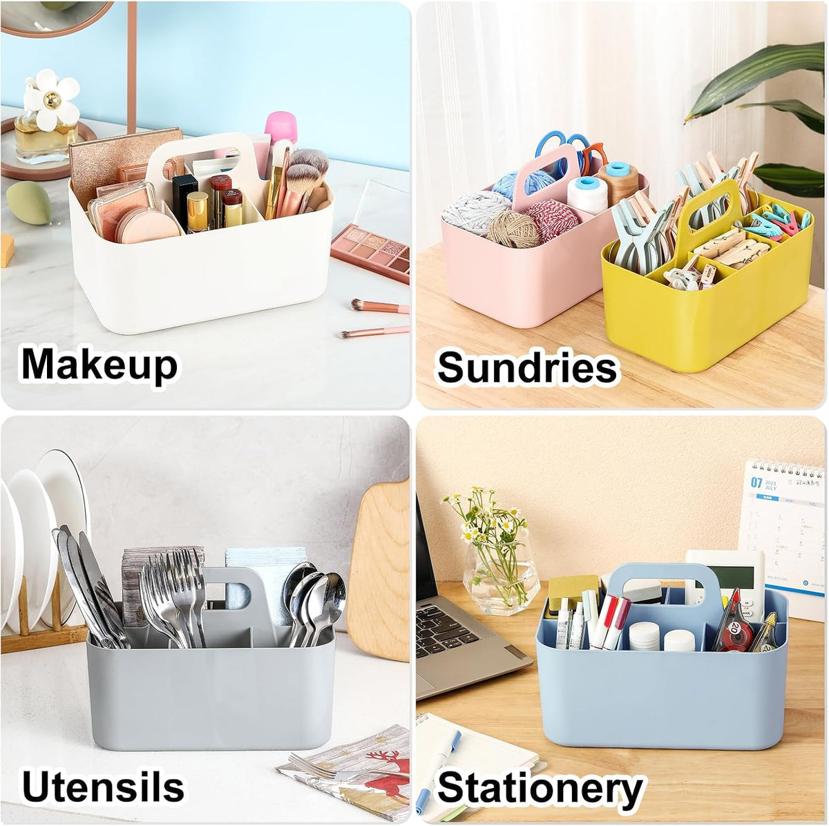 Multiuse Caddy Organizer with Handle, Portable Divided Plastic Tote Bin - Art Craft, Stationary Pen Marker Crayons, Makeup Hair Supplies Storage - Bathroom, Classroom, Dorm, Office, Desk Holder -Black