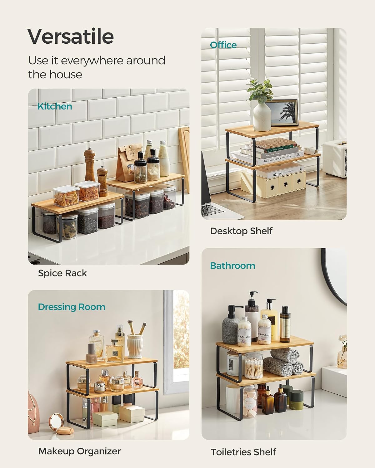 SONGMICS Cabinet Organizer Shelf, Set of 4 Kitchen Counter Shelves, Kitchen Storage, Spice Rack, Stackable, Expandable, Metal and Engineered Wood, Cloud White and Natural Beige UKCS010N01