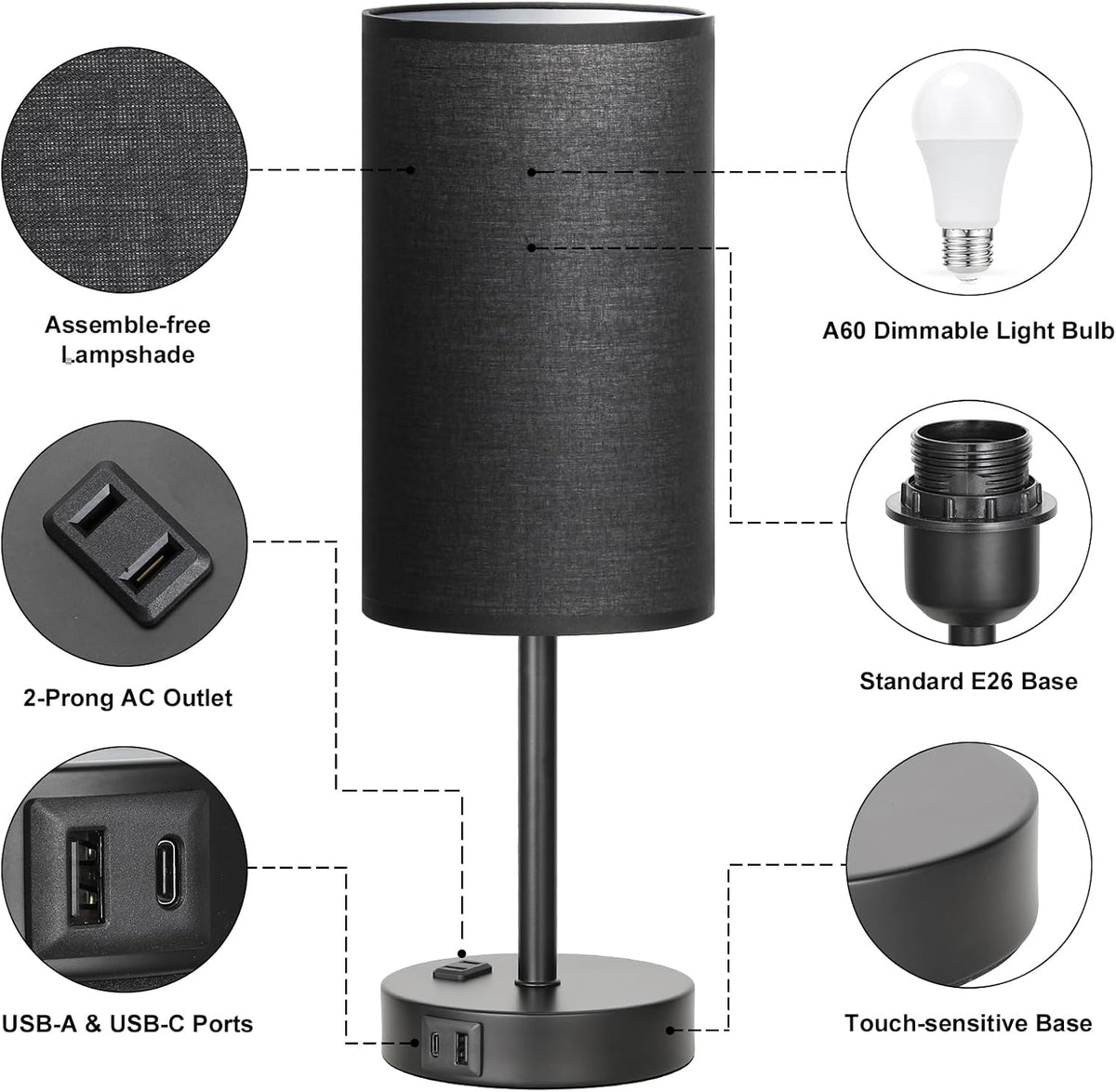 Fenmzee Bedside Table Lamp for Bedroom - Dimmable Touch, USB A+C, AC Outlet
