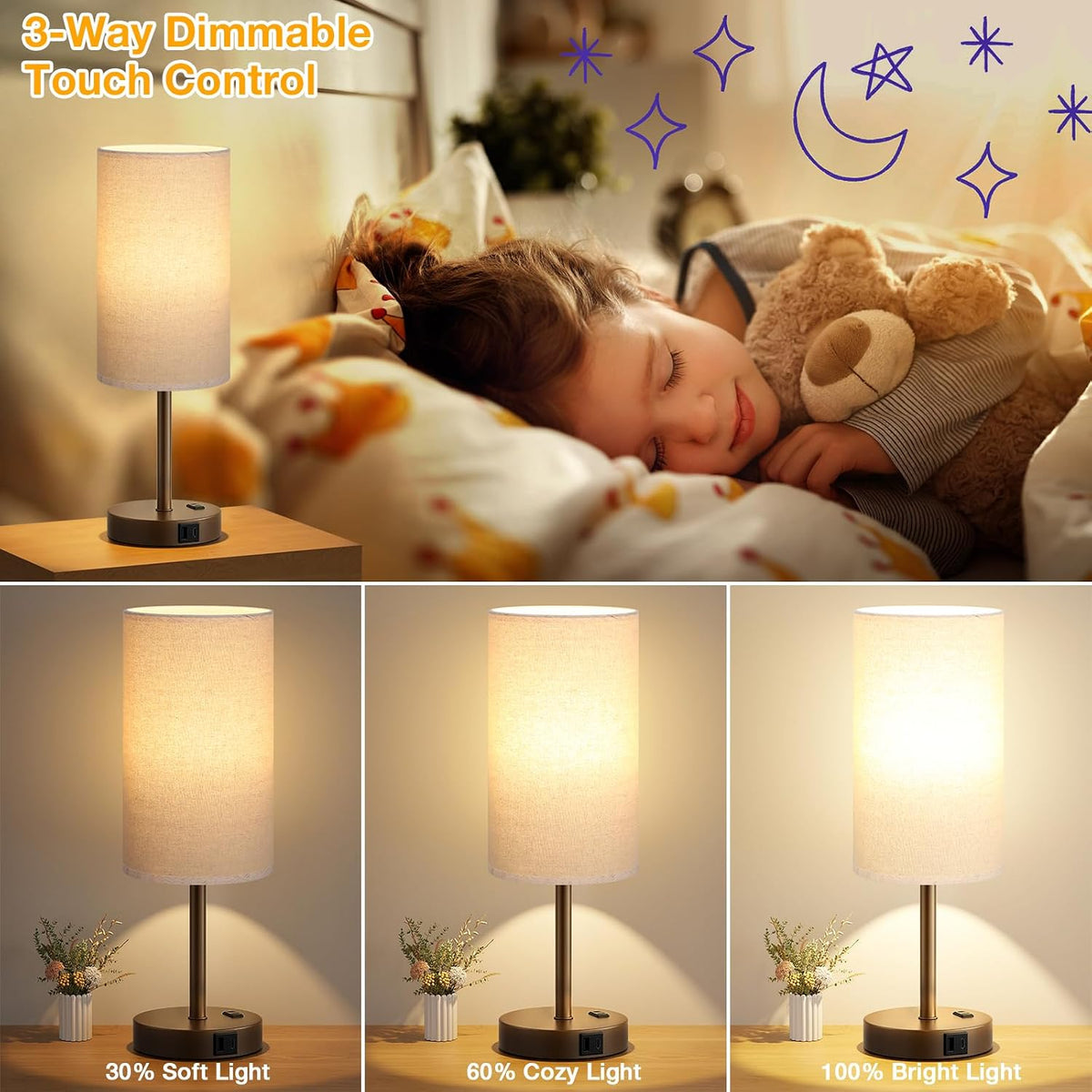 Dicoool Bedside Table Lamp for Bedroom - 3-Way Dimmable Touch Lamp, USB A+C