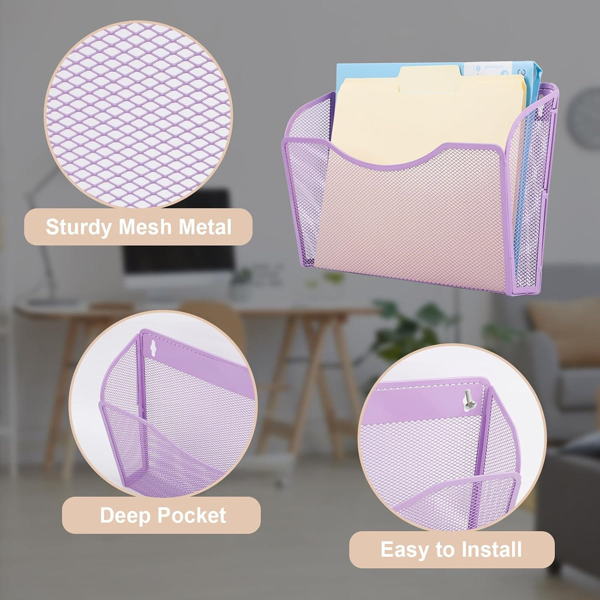 EASEPRES 3 Single Pocket Mesh Hanging File Organizer, Vertical Wall Mounted Magazine File Holder, Mount Basket Mail Paper Document Folder Organizing for Office, Home and School, Black