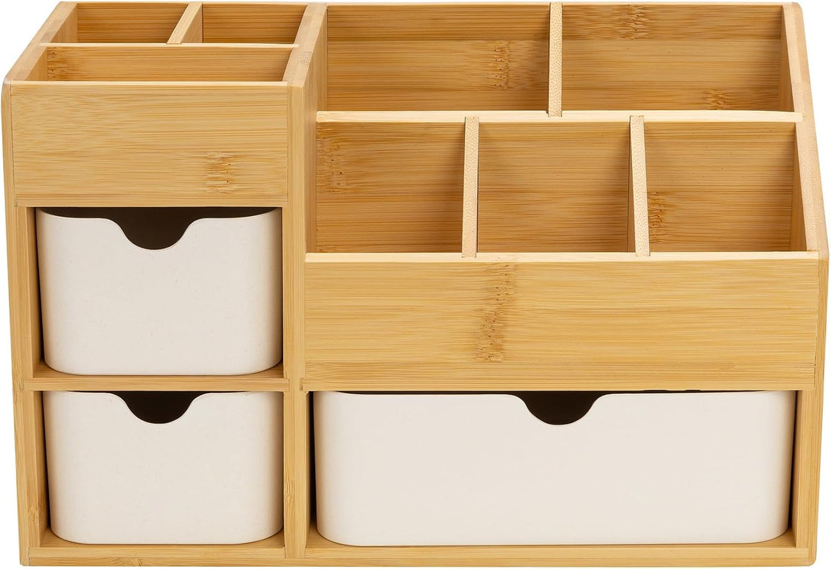 Bamboo Vanity Organizers with 3 Drawer, Mini Desk Organizer for Home, 3-tier Study/Office Organizer Rack, Adjustable 5 Compartment Makeup Display Case, Dresser Storage for Lipstick, Jewelry, Nail Care