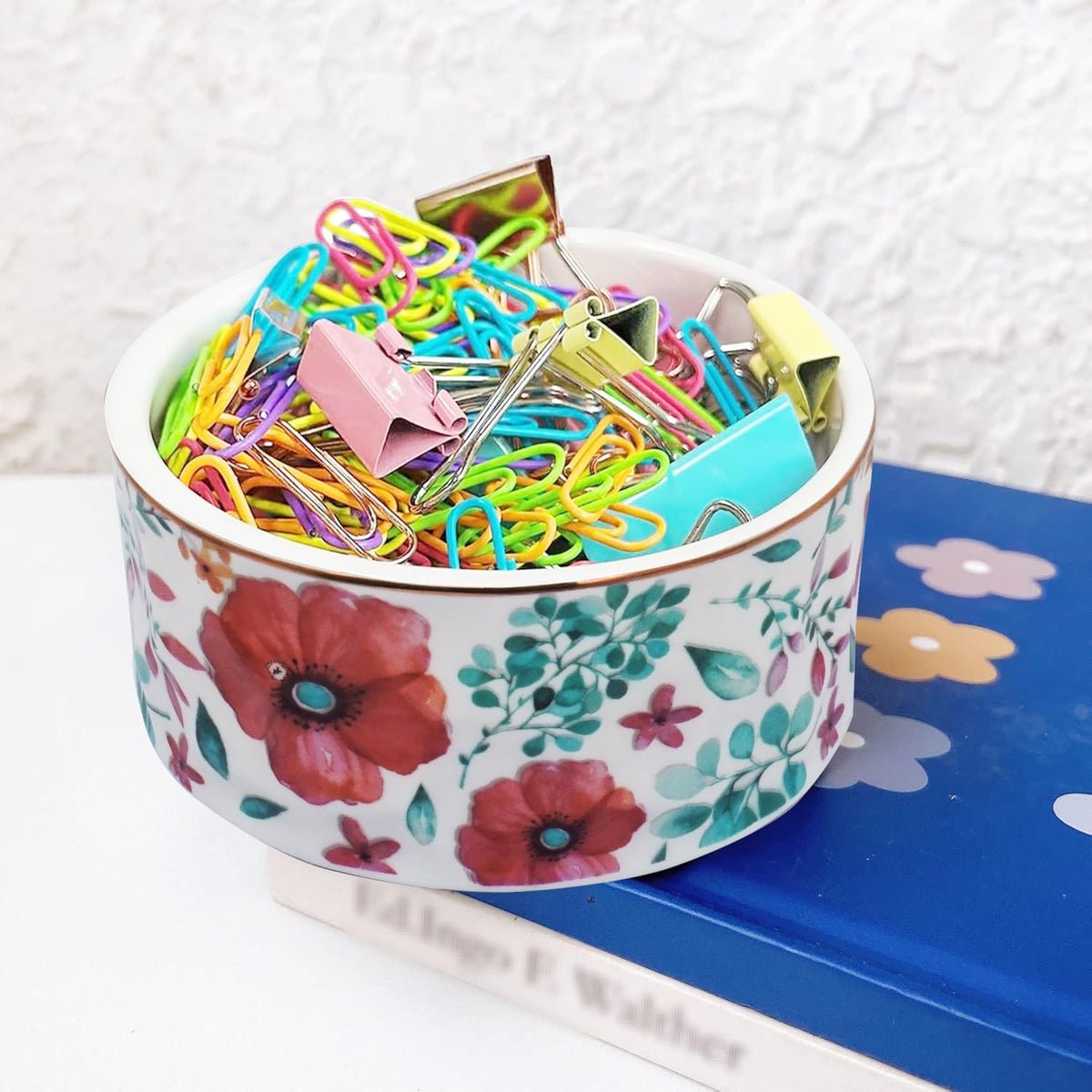 Paper Clip Holder Ceramic Paper Clip Holders Floral Paperclips Holder Dispenser Cute Gold Line Paper Clip Organizer for Desk Binder Clip Holder Bobby Pin Hair Clip Holder Gift for Office Pink Flowers