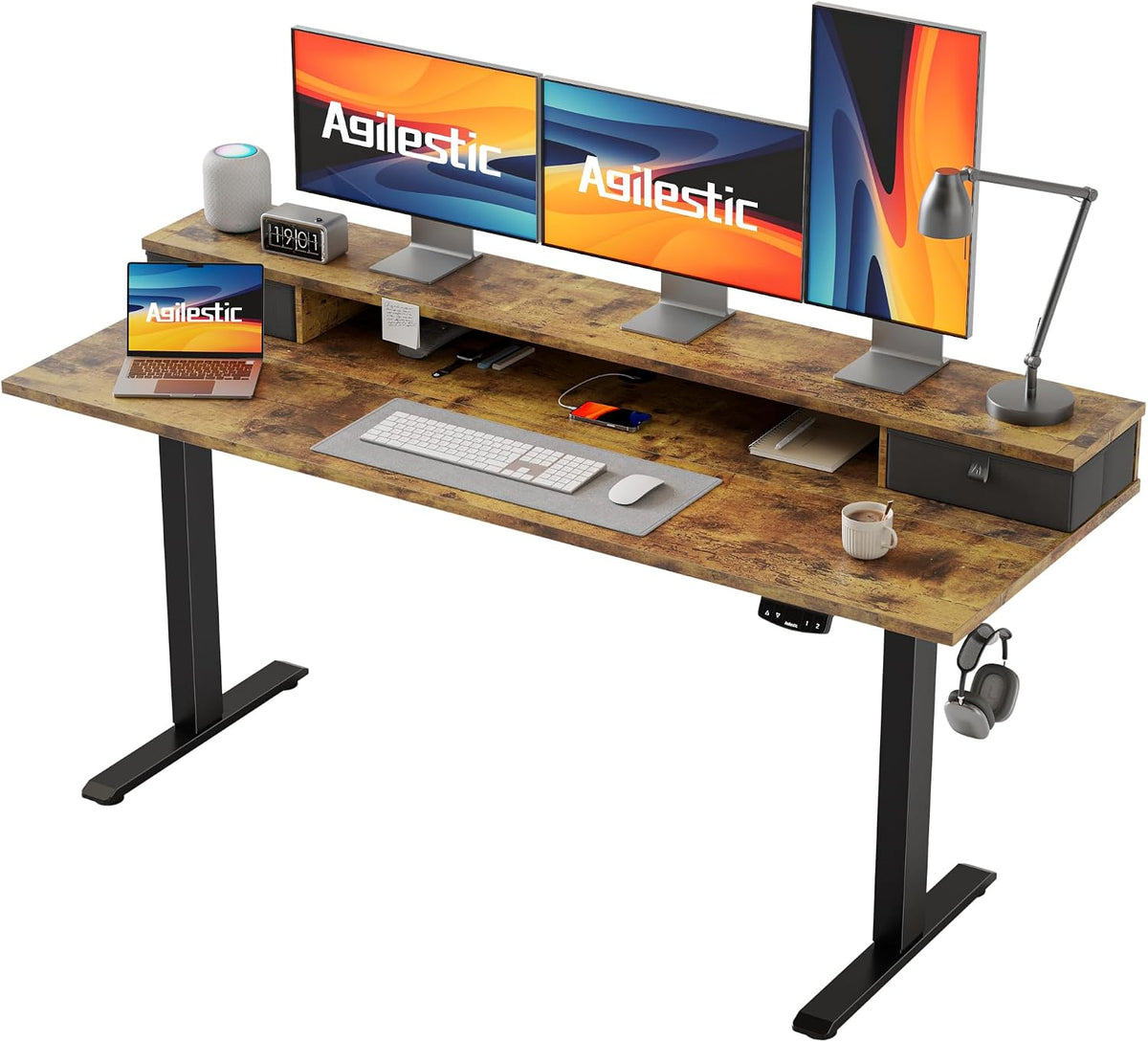 48 * 24 Inch Electric Standing Desk with Shelf & Led, Dark Walnut
