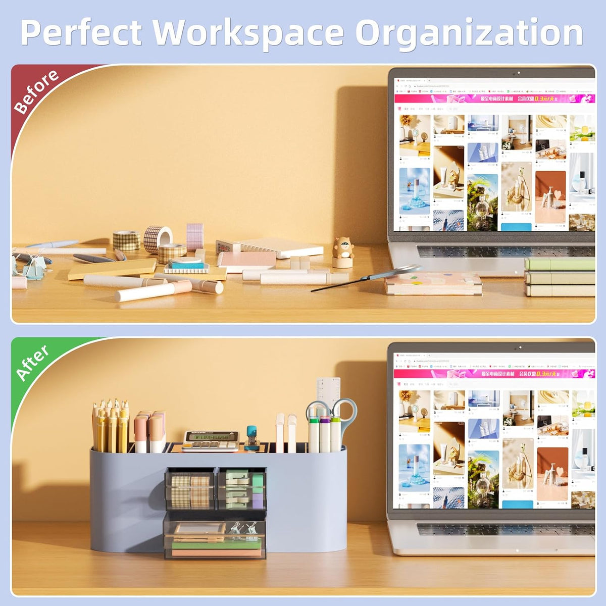 Marbrasse Desk Organizer Pen Holder for Desk with 3 Drawers, Multi-Functional Pencil Holder, Desk Organizers and Accessories with 7 Compartments for Home, School, Classroom(Pink)