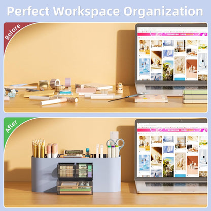 Marbrasse Desk Organizer Pen Holder for Desk with 3 Drawers, Multi-Functional Pencil Holder, Desk Organizers and Accessories with 7 Compartments for Home, School, Classroom(Pink)