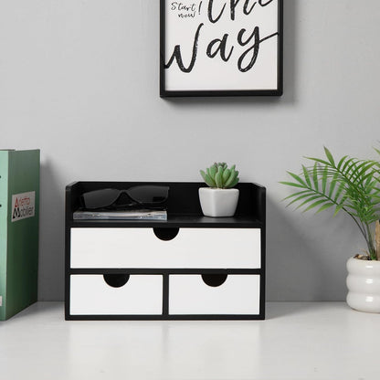Rustic Distressed white 3-Tier Bamboo Desk Organizer with 3 Drawers Mini Storage Shelf For Desk, Toiletries Vanity Office Supplies (bamboo)