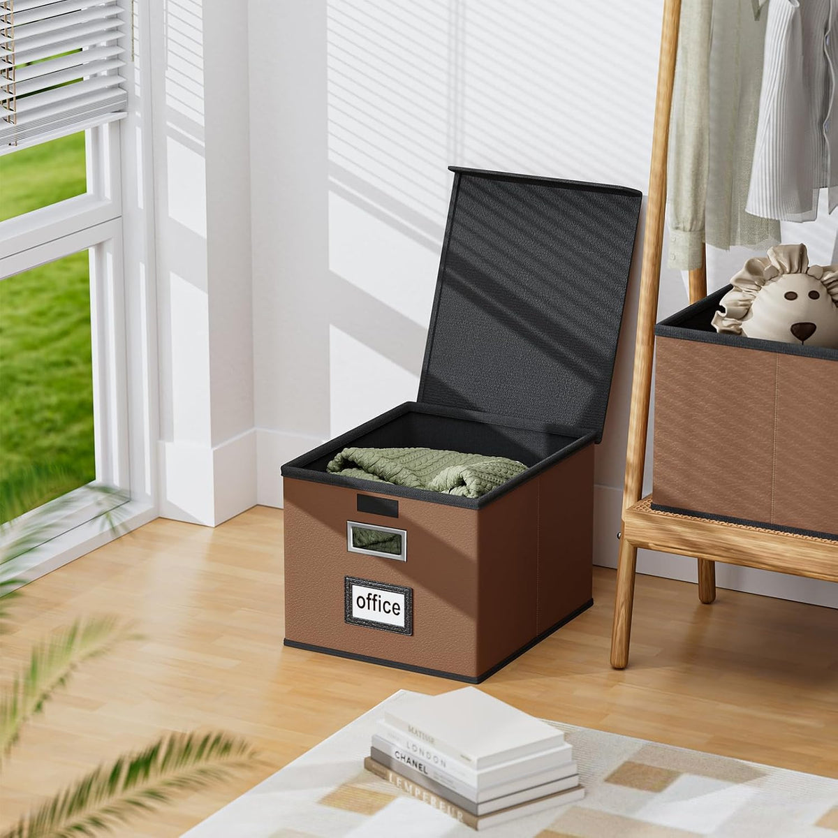Upgraded Portable File Organizer Box with Lid, Collapsible Linen Hanging Filing Storage Boxes with Plastic Slides, Decorative Home/Office Filing System Box for File and Folders Storage (Gray)