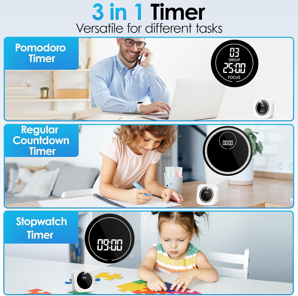HAUKINIX 99-Minute Visual Timer with Pomodoro Timer Productivity Focus Timer Countdown Stopwatch Desk ADHD for Study, Work, Student, Procrastination, Loud Alarm/Mute/Vibration, 2 Brightness Levels