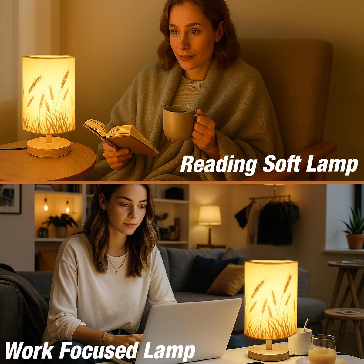 Desk Lamp LED Bulb Included, Small Bedside Table Lamp Plug-in - Classic Wood Base with Flaxen Fabric Shade, Lamps for Night Stands, Simple Nightstand Light for Bedroom, Office, Desk