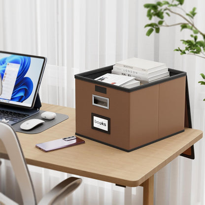 Upgraded Portable File Organizer Box with Lid, Collapsible Linen Hanging Filing Storage Boxes with Plastic Slides, Decorative Home/Office Filing System Box for File and Folders Storage (Gray)