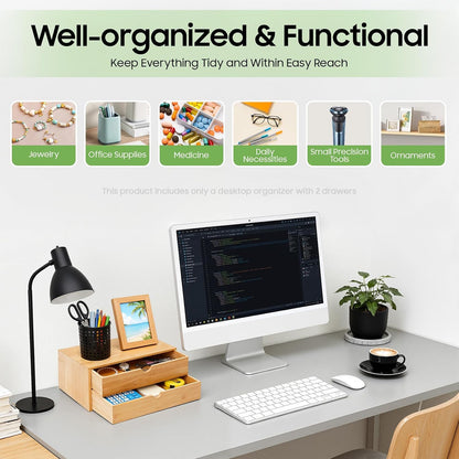 Desk Organizer, Office Vanity Bamboo Desk Organizer, Mini Bamboo Desk Drawer Tabletop Storage Box with 2 Drawer Night Stand Table Organizer for Makeup Vanity Office Supplies (2 Drawer)