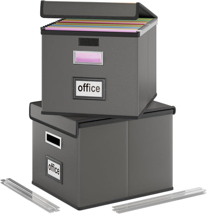 Upgraded Portable File Organizer Box with Lid, Collapsible Linen Hanging Filing Storage Boxes with Plastic Slides, Decorative Home/Office Filing System Box for File and Folders Storage (Gray)