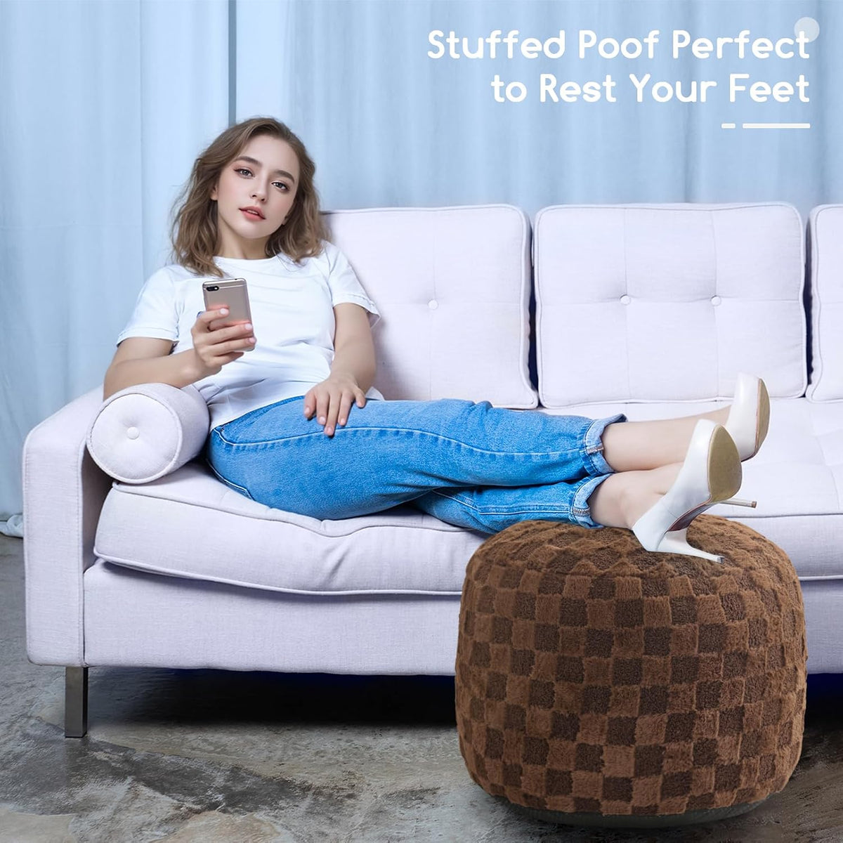 Round Stuffed Pouf Ottoman, Corduroy Poufs with Foam Chunk Filling, Furry and Fluffy Pouf Foot Stool Storage Ottoman, 20 X 15 Floor Poufs Foot Rest for Living Room, Dark Grey