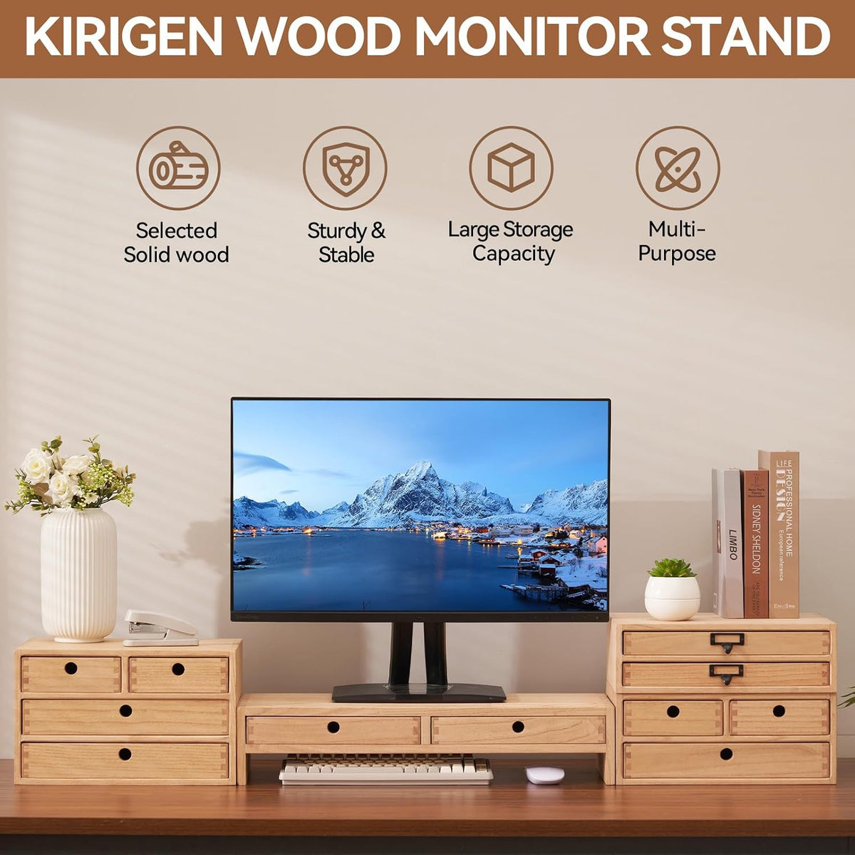 KIRIGEN Wood Monitor Stand with 2 Drawers, Solid Wood Computer Monitor Riser for Desk, Desktop Organizer Shelf with Cable Management, Pen Slots, Brown, No Assembly PMJ-DBR