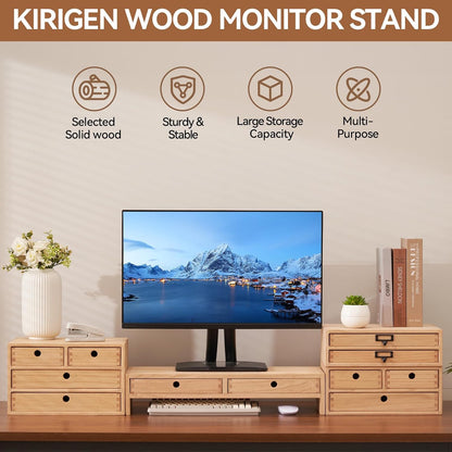 KIRIGEN Wood Monitor Stand with 2 Drawers, Solid Wood Computer Monitor Riser for Desk, Desktop Organizer Shelf with Cable Management, Pen Slots, Brown, No Assembly PMJ-DBR