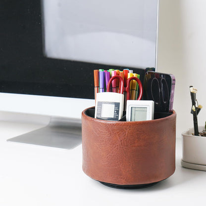 Round Leather Art Supply Organizer,Remote Control Holder,360 Degree Rotating,Multi-Functional Pencil Holder,4 Compartments Desktop Stationary Organizer(1-Blue Bird) - Colors B