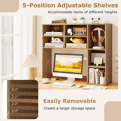 Desktop Bookshelf, Countertop Storage Hutch with 5 Shelves for Computer Desk, Desk 3-Tier Display Rack, Multipurpose Wood Desktop Hutch Storage Organizer for Dorm Office Home