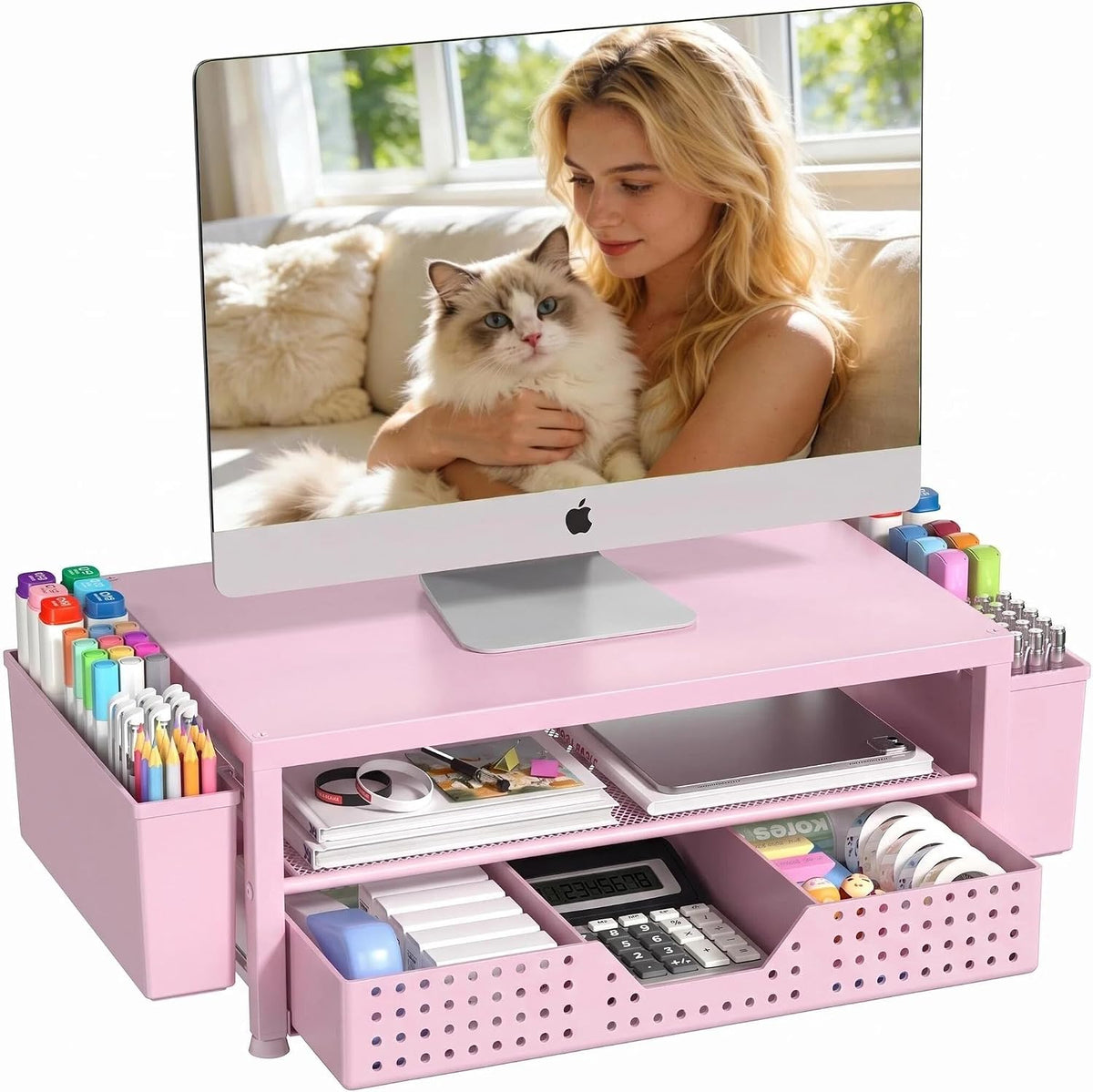 Desk Organizers and Accessories, Computer Monitor Stand Riser with Drawer and 2 Pen Holders, Printer & Laptop Stand, Office Desk Accessories & Workspace Organizers for Home Office Supplies, Black