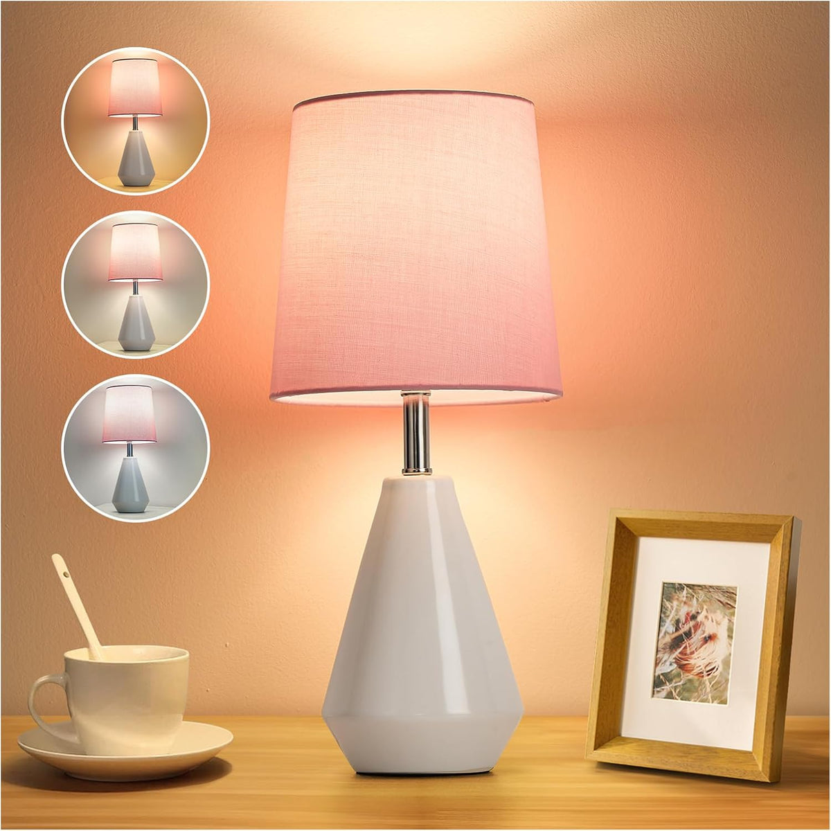 Small Bedside Table Lamp for Bedroom - Reading Desk Lamp with 3 Color Temperatures，15.5" Nightstand Ceramic Lamp with Fabric Shade for Kids Room,Living Room,Dorm,Home Office (Green)