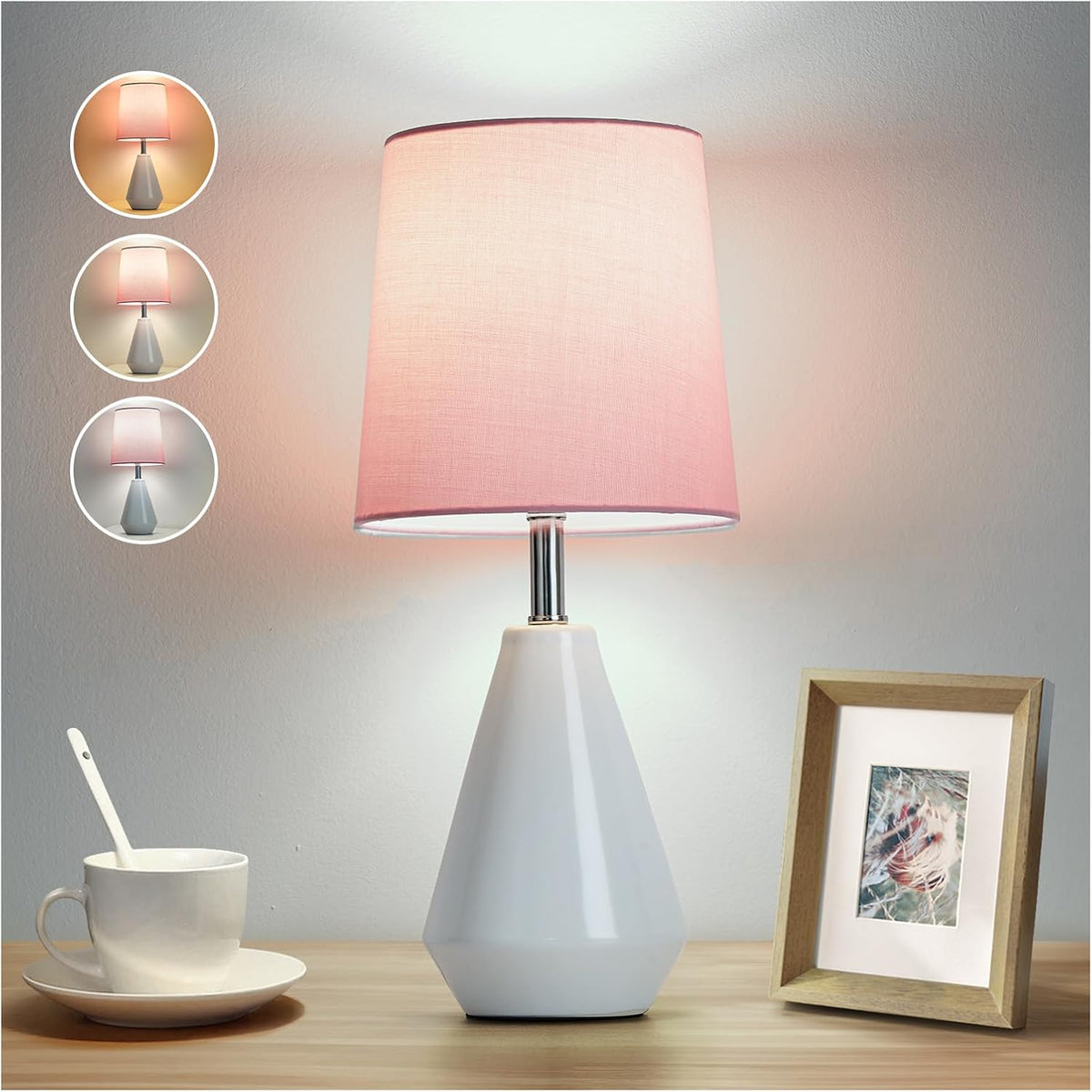 Small Bedside Table Lamp for Bedroom - Reading Desk Lamp with 3 Color Temperatures，15.5" Nightstand Ceramic Lamp with Fabric Shade for Kids Room,Living Room,Dorm,Home Office (Green)