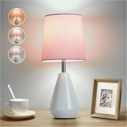 Small Bedside Table Lamp for Bedroom - Reading Desk Lamp with 3 Color Temperatures，15.5" Nightstand Ceramic Lamp with Fabric Shade for Kids Room,Living Room,Dorm,Home Office (Green)