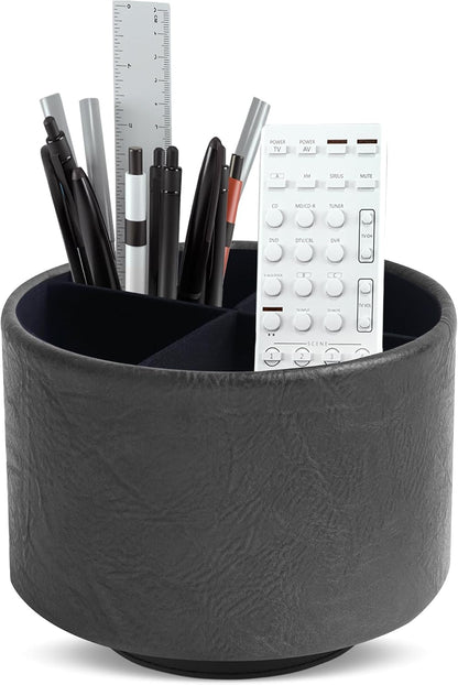 Round Leather Art Supply Organizer,Remote Control Holder,360 Degree Rotating,Multi-Functional Pencil Holder,4 Compartments Desktop Stationary Organizer(1-Blue Bird) - Colors A
