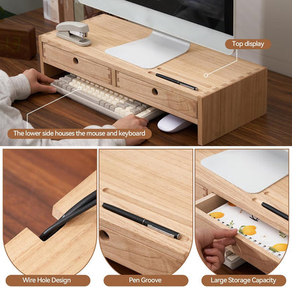 KIRIGEN Wood Monitor Stand with 2 Drawers, Solid Wood Computer Monitor Riser for Desk, Desktop Organizer Shelf with Cable Management, Pen Slots, Brown, No Assembly PMJ-DBR