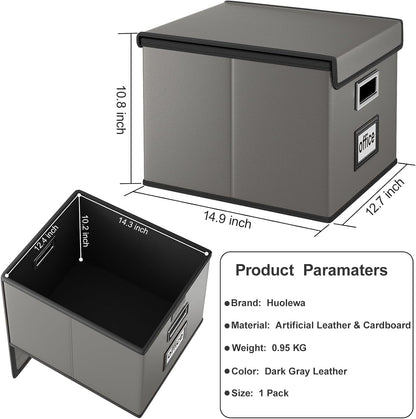 Upgraded Portable File Organizer Box with Lid, Collapsible Linen Hanging Filing Storage Boxes with Plastic Slides, Decorative Home/Office Filing System Box for File and Folders Storage (Gray)