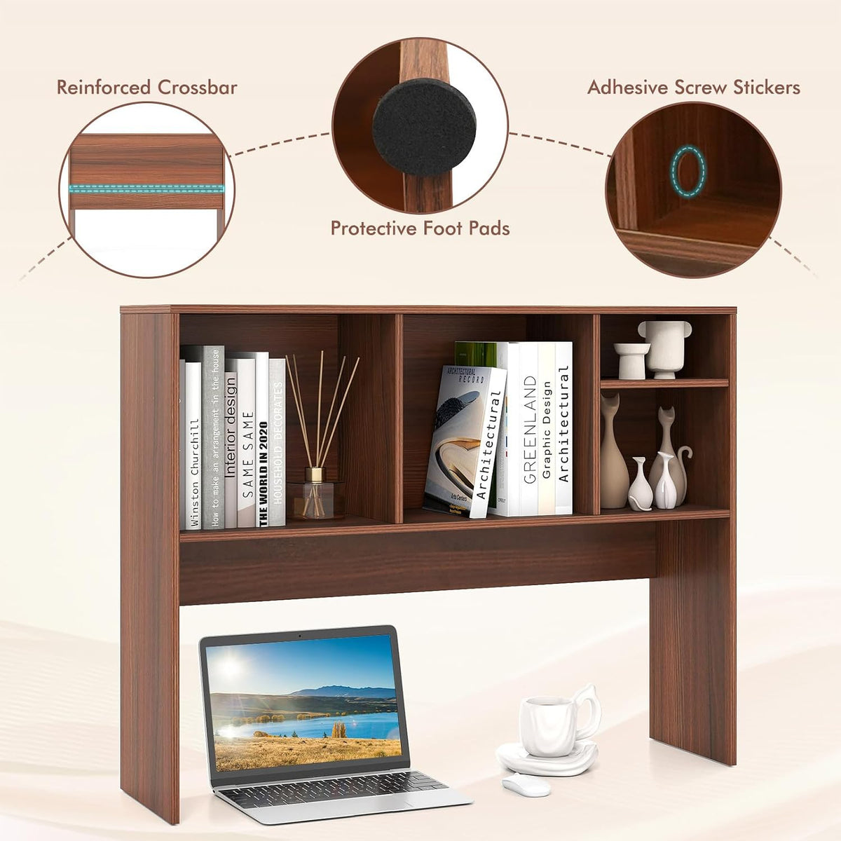 Desktop Bookshelf, Countertop Storage Hutch with 5 Shelves for Computer Desk, Desk 3-Tier Display Rack, Multipurpose Wood Desktop Hutch Storage Organizer for Dorm Office Home