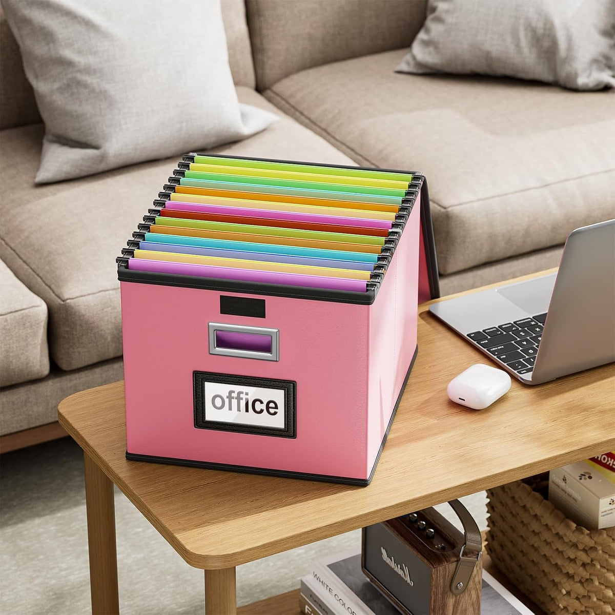 Upgraded Portable File Organizer Box with Lid, Collapsible Linen Hanging Filing Storage Boxes with Plastic Slides, Decorative Home/Office Filing System Box for File and Folders Storage (Gray)